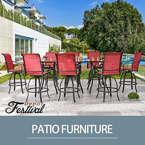 Festival Depot 11Pcs Bar Bistro Outdoor Patio Dining Furniture Sets High Stools 360° Swivel Chairs With Slatted Steel Curved Armrest Coffee Table Tempered Glass Desktop (8 Chairs,3 Table)