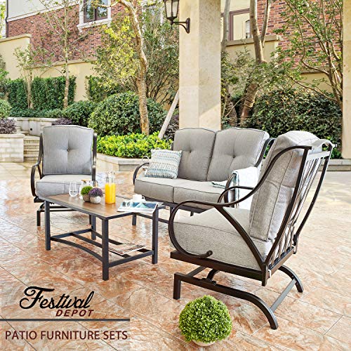 Festival Depot 4 Pieces Patio Outdoor Conversation Set Armrest Chairs with Curved Armrest Loveseat Coffee Table Set Premium Fabric Metal Frame Furniture Garden Bistro Seating Thick & Soft Cushion,Gray