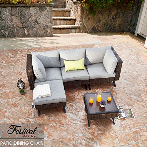 Festival Depot Wicker Patio Chair with Left Armrest Rattan Dining Chair with Thick Cushions and X Shaped Metal Legs Outdoor Furniture for Garden Yard Poolside All-Weather