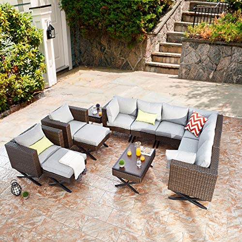 Festival Depot 12pcs Outdoor Furniture Patio Conversation Set Sectional Corner Sofa Chairs with X Shape Metal Leg All Weather Brown Rattan Wicker Ottoman Side Coffee Table with Grey Seat Back Cushions