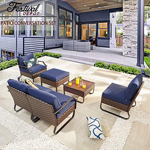 Festival Depot 6-Piece Patio Furniture Armchair Conversation Set Outdoor All-Weather Metal Chairs with Coffee Table and Ottoman for Porch Lawn Garden Balcony Pool Backyard, Thick Blue Cushions, Brown
