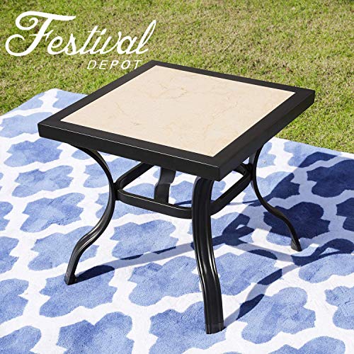 Festival Depot Patio Dining Table Outdoor All-Weather Furniture with Black Metal Frame and Tile Top for Poolside Deck Garden