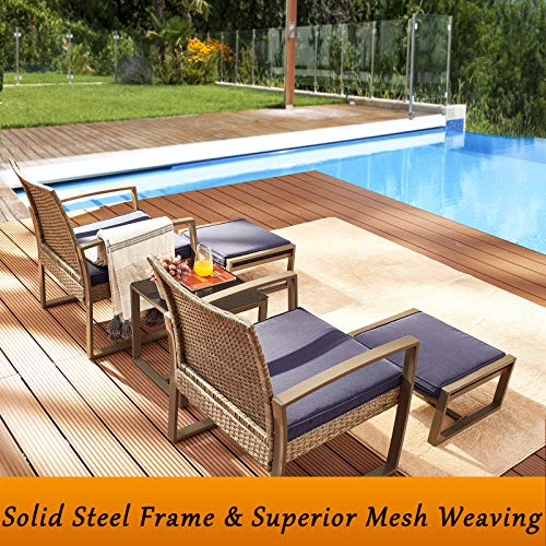 Sports Festival 5pcs Outdoor Furniture Patio Conversation Set Metal Frame Chairs Wicker Ottomans Set with Cushions and Square Side Coffee Table for Garden Bistro Poolside Deck Garden Blue