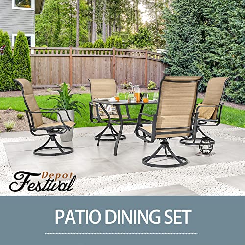 Festival Depot 5-Piece Patio Dining Sets Outdoor Furniture with Round Swivel Chairs Deck Table High Textilene Back and Metal Frame for Backyard Porch Lawn Garden