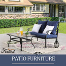 Festival Depot 2 Pieces Patio Set Loveseat with Seat Back Cushions and Pillows and Coffee Table Outdoor Furniture Metal Conversation Set for Garden Backyard Porch