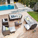 Festival Depot 11 pcs Outdoor Furniture Patio Conversation Set Sectional Corner Sofa Chairs with X Shaped Metal Leg All Weather Brown Rattan Wicker Rectangle Coffee Table with Grey Seat Back Cushions