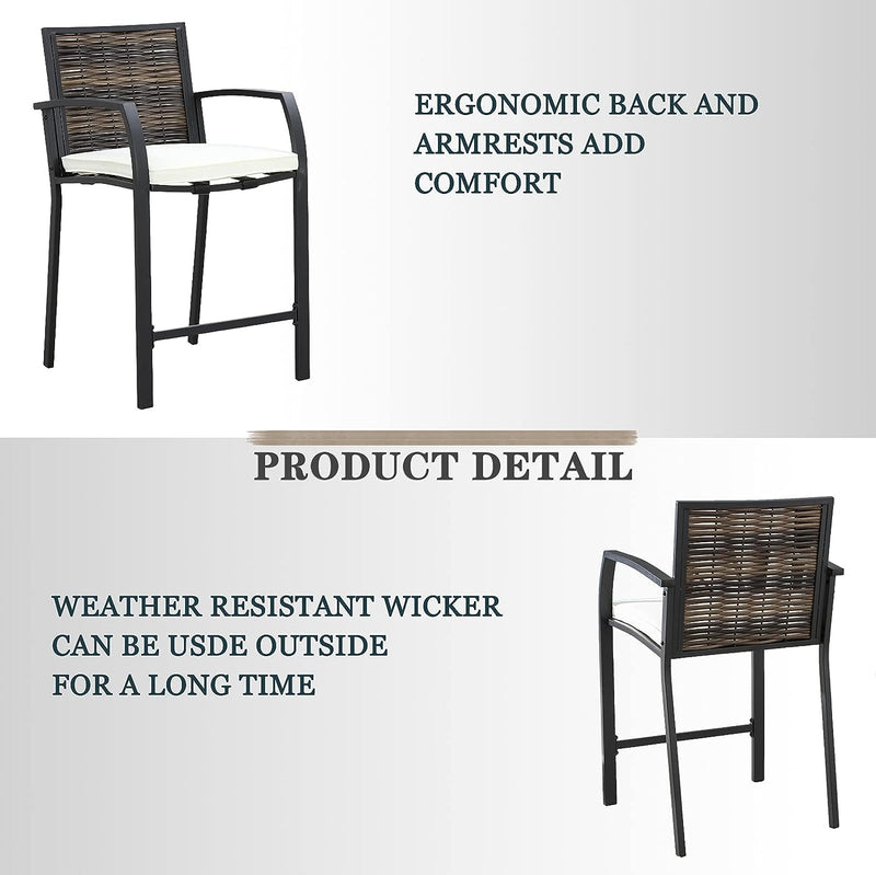 Breezy Elegance Wicker Bar Stools Patio Rattan Armrests Bar Chairs Set with Beige Cushions Footrests and Metal Frame