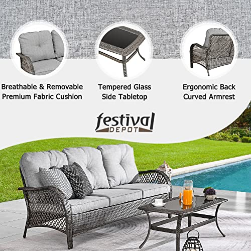 Festival Depot 2 Pieces Patio Bistro Set PE Wicker 3-Seat Sofa Set with Tempered Glass Top Side Table Outdoor Furniture Conversation Set (Brown Wicker, Grey Cushion)