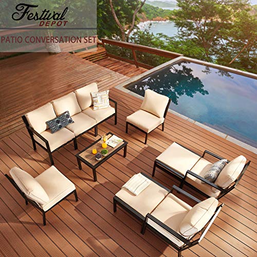 Festival Depot 10-Pieces Patio Outdoor Furniture Conversation Sets Loveseat Sectional Sofa, All-Weather Black X Slatted Back Chair with Coffee Table and Removable Couch Cushions (Beige)