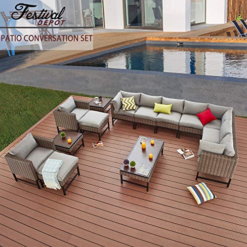 Festival Depot 14 Pieces Patio Conversation Set Outdoor Furniture Combination Sectional Corner Sofa All-Weather Woven Wicker Metal Armchairs with Seating Back Cushions Side Coffee Table Ottoman,Gray