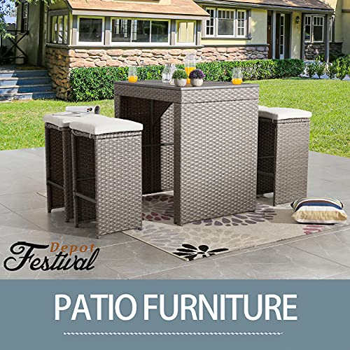 Festival Depot 5 Pcs Patio Bar Stool Set Outdoor Wicker Furniture,4 Height Bar Seater with Removable Cushions and Wooden Desktop Dining Table, Woven Rattan and Metal Frame for Deck Porch (Brown)