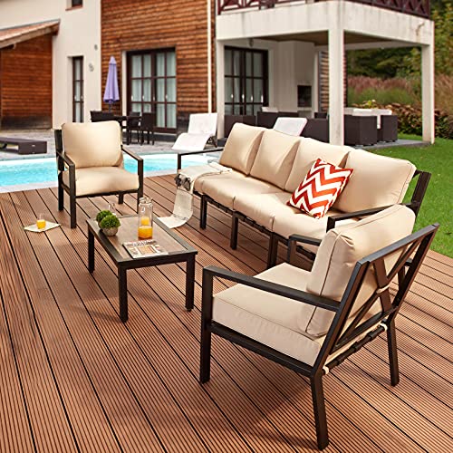Festival Depot 7 Pieces Patio Furniture Set All-Weather Polyester Fabrics Metal Frame Sofa Outdoor Conversation Sectional Set Armrest Chair with Cushion & Coffee Table for Deck Poolside Balcony(Beige)