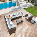 Festival Depot 10pcs Outdoor Furniture Patio Conversation Set Sectional Corner Sofa Chairs with X Shaped Metal Leg All Weather Brown Rattan Wicker Square Side Coffee Table with Grey Seat Back Cushions