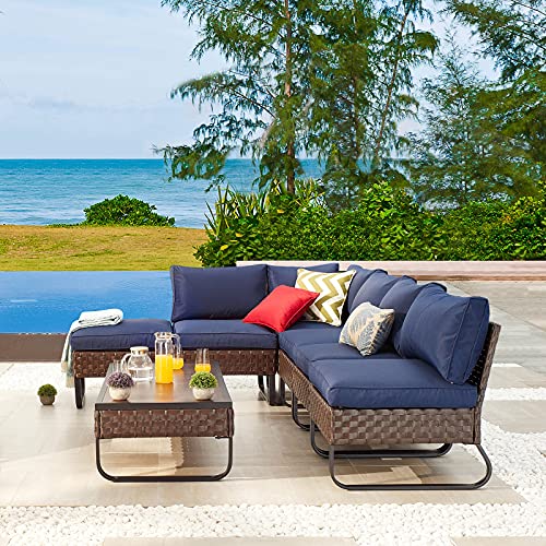 Festival Depot 7 Pieces Patio Furniture Set, All-Weather PE Rattan Wicker Metal Frame Sofa Outdoor Conversation Set Sectional Couch Corner Chair with Cushion Ottoman and Coffee Table for Deck (Blue)