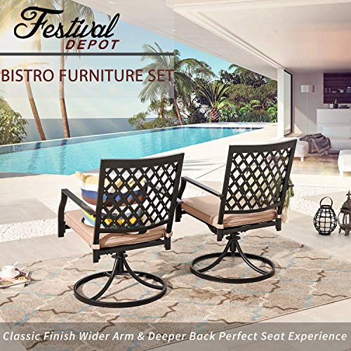 Festival Depot 2 Pcs Patio Outdoor Metal 360 Swivel Rocker Chairs Furniture All-Weather Bistro Set Dining Chairs with Removable Thick Cushion, for Deck Garden Pool Two Color