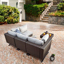 Festival Depot 5pcs Outdoor Furniture Patio Conversation Set Sectional Corner Sofa Chairs with X Shaped Metal Leg All Weather Brown Rattan Wicker Side Coffee Table with Grey Thick Seat Back Cushions