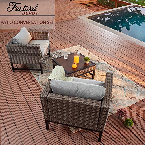 Festival Depot 3 Pieces Patio Outdoor Bistro Set Wicker Sofa Armchairs Lounge with Seating Back Cushions Metal Side Coffee Table Garden (3pc Wicker Chair Sets, Gray)