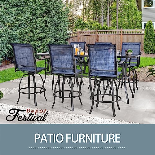 Festival Depot 9 Pcs Patio Dining Set Bar Height Stools Swivel Bistro Chairs with Armrest and Tempered Glass Top Table Metal Outdoor Furniture for Yard (Blue)