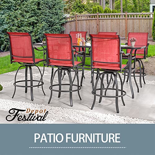 Festival Depot 9 Pcs Patio Dining Set Bar Height Stools Swivel Bistro Chairs with Armrest and Tempered Glass Top Table Metal Outdoor Furniture for Yard (Red)