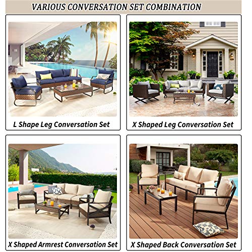 Festival Depot 6 Pieces Outdoor Conversation Set Sectional Wicker Chair with Thick Cushions and Rattan Coffee Table for Deck Lawn Backyard (Gray)