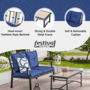 Festival Depot 2 Pcs Patio Bistro Set Conversation Set with Coffee Table Outdoor Furniture Loveseat Armchair with Hand-Woven Textilene Rope Backrest (Black Metal Frame with Blue Cushion)