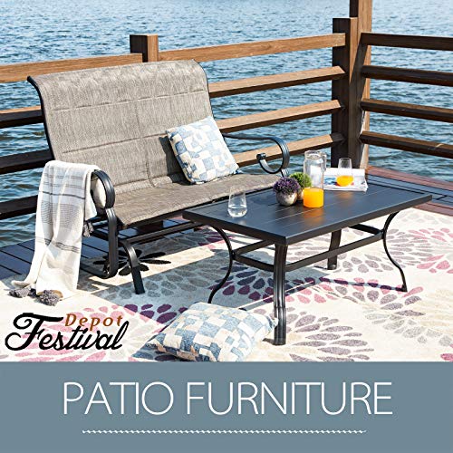 Festival Depot 2pcs Outdoor Furniture Patio Conversation Set Metal Coffee Table Loveseat Armchairs Glider with Textilene Fabric Without Pillows for Lawn Beach Backyard Pool, Grey