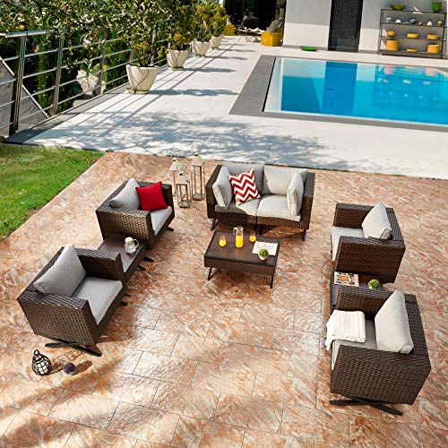 Festival Depot 9 Pcs Outdoor Furniture Patio Conversation Set Sectional Sofa Armchairs with X Shaped Metal Leg All Weather Brown Rattan Wicker Rectangle Square Coffee Table with Grey Seat Back Cushions