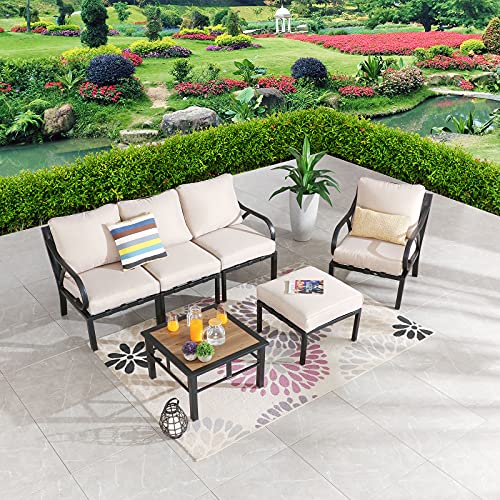 Festival Depot 6pcs Patio Conversation Set Sectional Metal Chairs Ottoman with Cushions and Coffee Table All Weather Outdoor Furniture for Garden Backyard, Beige