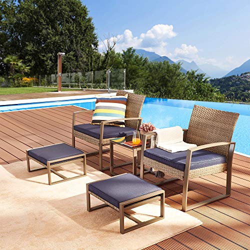 Festival Depot 5 Pieces Outdoor Furniture Patio All-Weather Rattan Conversation Set Armchair, Ottoman with Cushions and Coffee Table with Glass and Metal Frame for Garden Deck Poolside Balcony