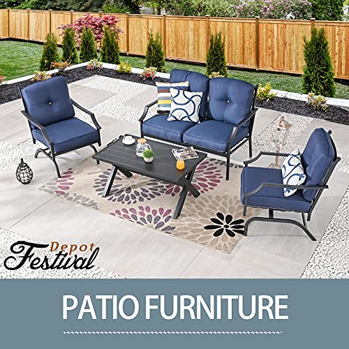 Festival Depot 4 pc Conversation Set Patio Outdoor ArmChairs Loveseat Set with Coffee Table Fabric Metal Frame Furniture Garden Bistro Seating Thick Soft Cushions