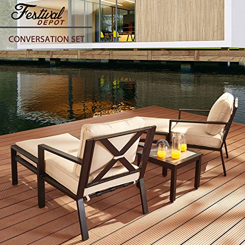 Festival Depot 5 Pieces Patio Outdoor Conversation Chairs Cushions Ottomans Set with Coffee Square Table Metal Frame Furniture Garden Bistro Seating Thick Soft Cushion (Beige)