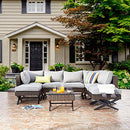 Festival Depot 8pcs Outdoor Furniture Patio Conversation Set Sectional Corner Sofa Chairs with X Shaped Metal Leg All Weather Brown Rattan Wicker Ottoman Side Coffee Table with Grey Seat Back Cushions