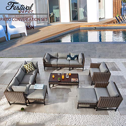 Festival Depot 11 Pieces Outdoor Furniture Patio Conversation Set Combination Sectional Sofa Loveseat All-Weather Wicker Metal Chairs with Seating Back Cushions Side Coffee Table,Gray