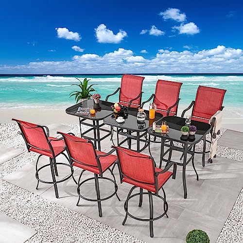 Festival Depot 9 Pcs Patio Dining Set Bar Height Stools Swivel Bistro Chairs with Armrest and Tempered Glass Top Table Metal Outdoor Furniture for Yard (Red)