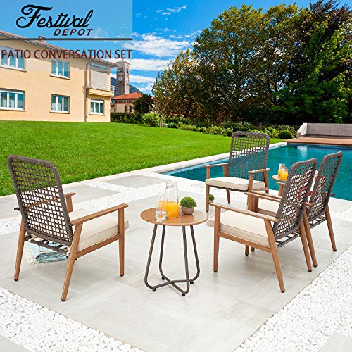 Festival Depot 6 Pieces Patio Outdoor Furniture Conversation Set with Metal Side Coffee Side Table Wooden-Color Steel Wicker Weaving Mesh Back Armchair with Cushions (Khaki)