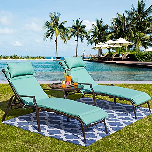 Festival Depot 3Pcs Patio Chair Set of 2 Adjustable Chaise Lounges with with Removable Cushions Pillows and Side Table Outdoor Furniture for Poolside Garden, Light Blue