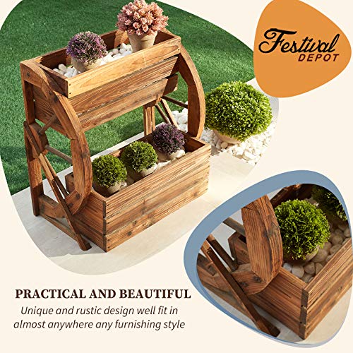 Festival Depot Outdoor Planter Wagon Wheel Double-Tier Wooden Shelf Raised Garden Decor Flower Holder Stand for Patio Deck Lawn
