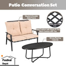 Festival Depot 2 Pcs Patio Bistro Set PE Wicker Conversation Set, Outdoor Furniture Loveseat Armchair with Cushions Metal Coffee Table for Backyard Porch Balcony Outside Poolside Lawn (Khaki)
