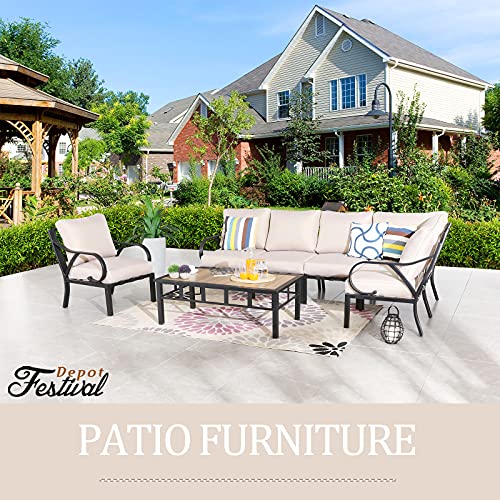 Festival Depot 7pcs Patio Conversation Set Sectional Metal Chairs with Cushions All Weather Corner Sofa and Coffee Table Outdoor Furniture for Garden Backyard Balcony, Beige
