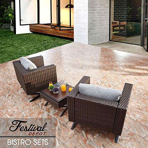 Festival Depot 3-Piece Bistro Outdoor Patio Furniture Conversation Set Wicker Rattan Armrest Chairs with 3.1" Soft&Deep Cushion Square Wood Grain Top Side Coffee Table with X Shaped Slatted Steel Legs