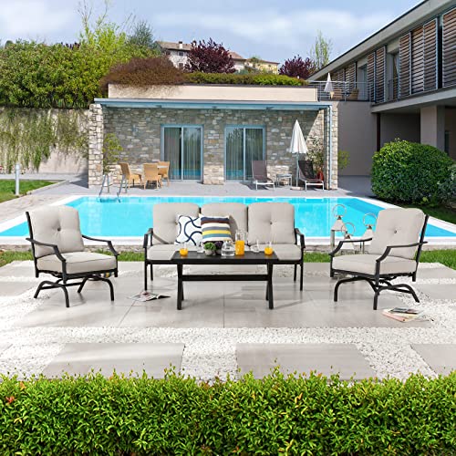 Festival Depot 4 Pieces Patio Conversation Set Outdoor Furniture Set (3-Seats Loveseat, 2 Armchairs and 1 Coffee Table) with Metal Frame and Cushions for Garden Poolside Backyard Deck