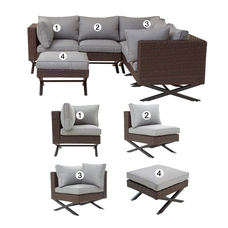 Festival Depot 6pcs Outdoor Furniture Patio Conversation Set Sectional Corner Sofa Chairs with X Shaped Metal Leg All Weather Brown Rattan Wicker Ottoman with Grey Thick Seat Back Cushions