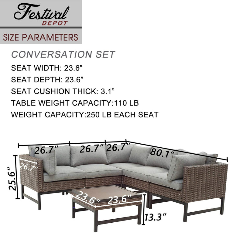 Festival Depot 6 Pieces Patio Outdoor Furniture Conversation Sets Sectional Corner Sofa, Wicker Chairs with Side Coffee Table and Seating Thick Soft Cushion(Grey)