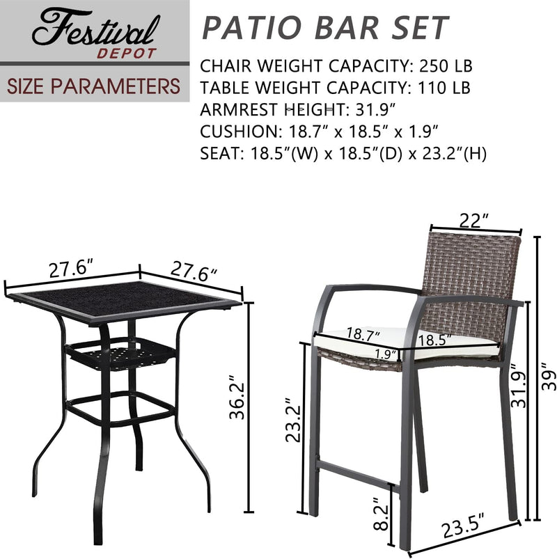 Sports Festival Patio Bar Height Set 3 Pcs Outdoor Furniture Bistro Woven Wicker Stools Chairs with Beige Cushions and 1 Square Metal Steel Tempered Glass Top Table for Lawn Garden Balcony Deck