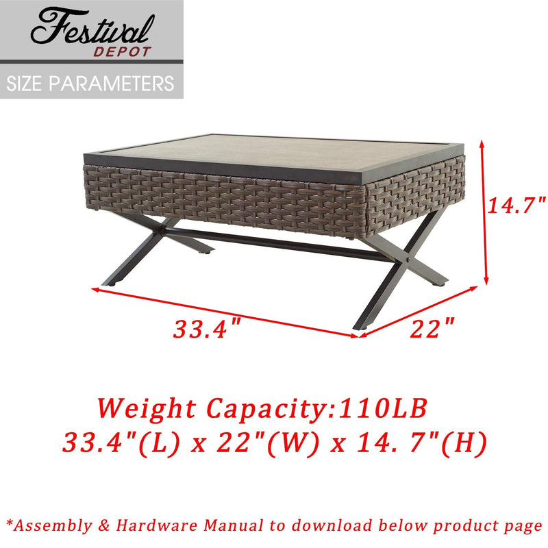 Festival Depot Coffee Dining Bistro Outdoor Side Patio Furniture Table Wicker Rattan Wood Grain Desktop Rectangle with X Shaped Slatted Steel Legs Lawn Garden All Weather 33.4"(L) x 22"(W) x 14.7"(H)