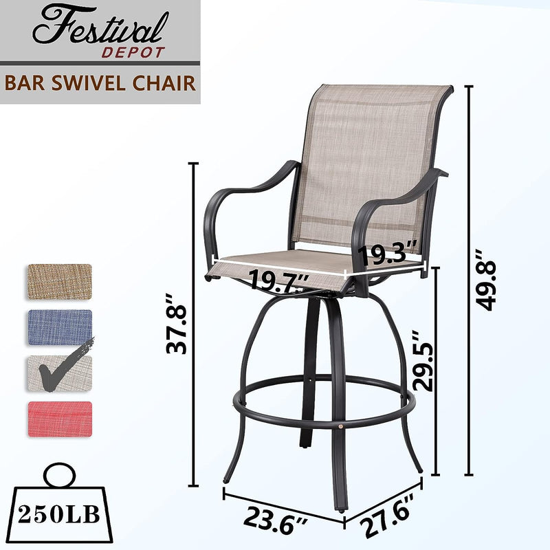 Festival Depot 3 Pcs Patio Bistro Set 360° Swivel Chairs with Bar Height Table with Tempered Glass Top Outdoor Furniture for Deck