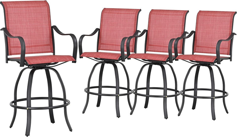 Festival Depot 4pcs Bar Bistro Patio Dining Chairs Textilene High Stools 360° Swivel Chairs with Curved Armrest and Metal Frame Outdoor Furniture for Lawn Garden Pool All-Weather(Red)
