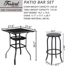 Sports Festival 3 Pcs Patio Bistro Height Set Outdoor Furniture, Backless Bar Stool Chair with Round Seat, Foot Pedals and Square Metal Frame Steel Tempered Glass Top Table for Deck Garden Lawn