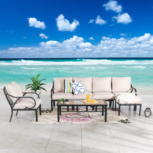 Festival Depot 7pcs Patio Conversation Set Sectional Metal Chairs Couch Sofa with Thick Cushions Ottoman and Coffee Table All Weather Outdoor Furniture for Garden Backyard Balcony, Beige