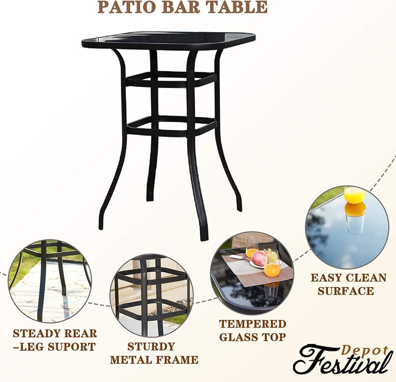 Festival Depot 3 Pcs Patio Bistro Set 360° Swivel Chairs with Bar Height Table with Tempered Glass Top Outdoor Furniture for Deck